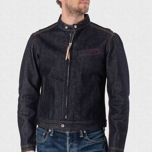 Men's Denim Bomber Jacket with Red Accent